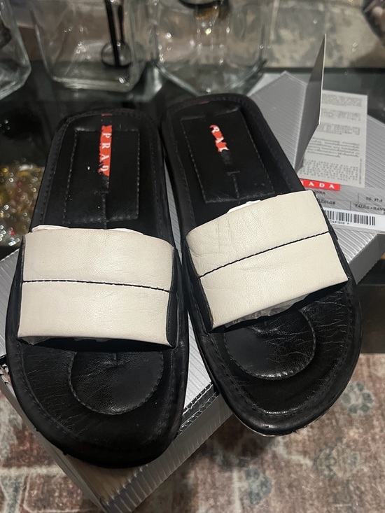 Prada Shoes - Prada Black & White Padded Leather Slide Mules